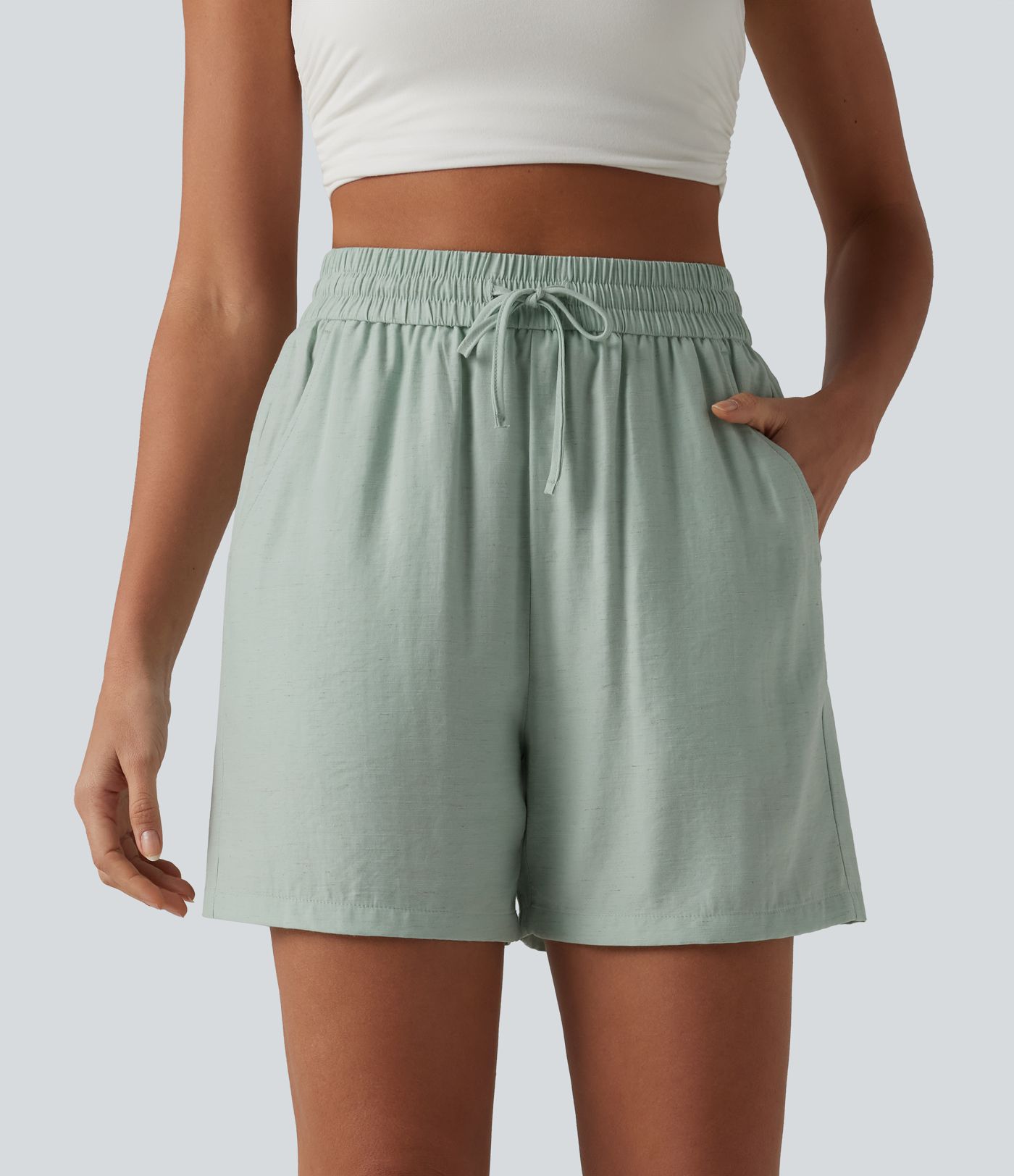 Short décontracté ample en lin mélangé taille haute avec cordon de serrage, 12,5 cm, et poches