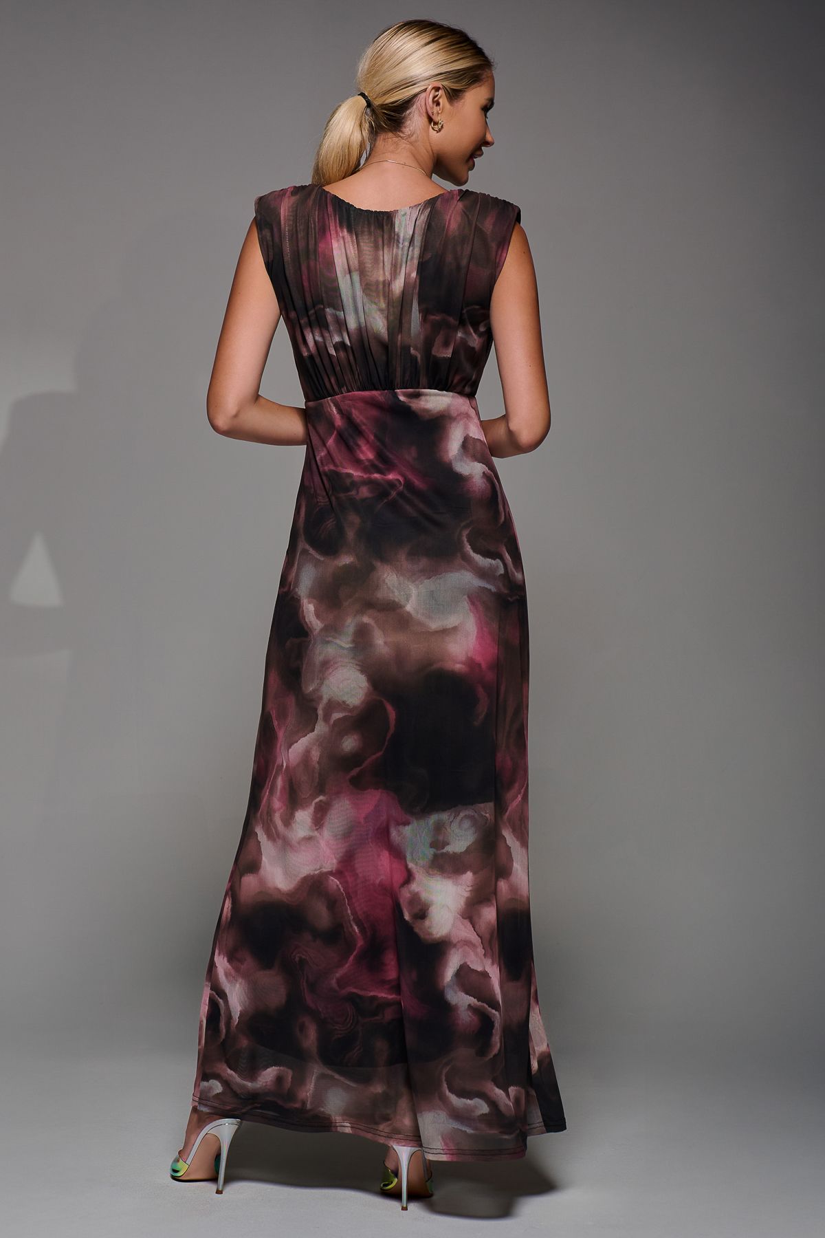 Jolie Moi Slash Neck Fit & Flare Mesh Maxi Dress