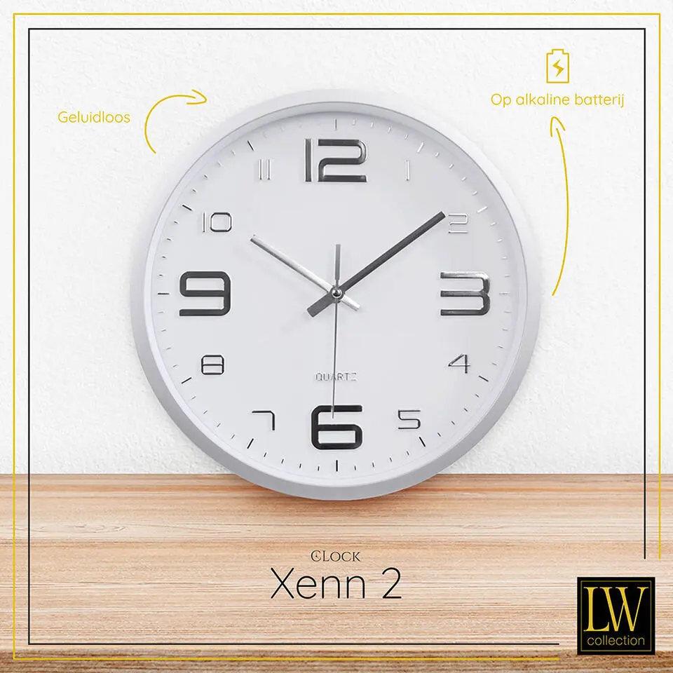 LW Collection Keukenklok Xenn2 zilver wit 30cm