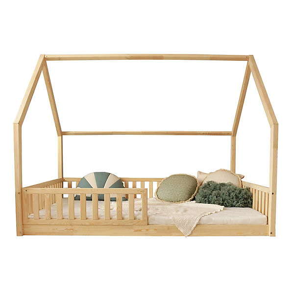 Lit cabane 140x200 barrière et sommier inclus pieds 1 cm Daisy Bois