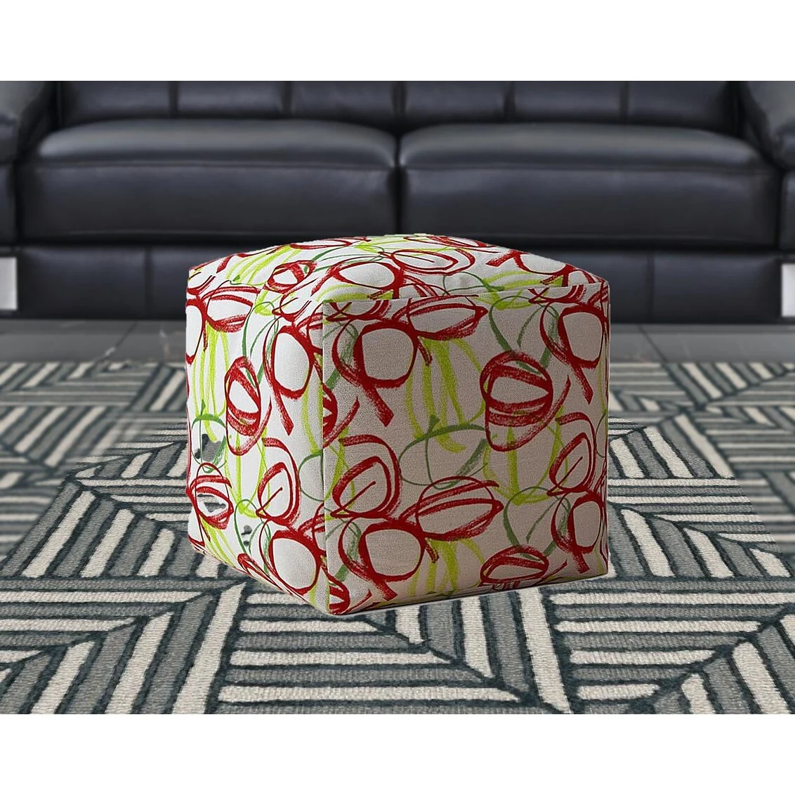 HomeRoots 17 White Green And Red Cotton Abstract Pouf Ottoman