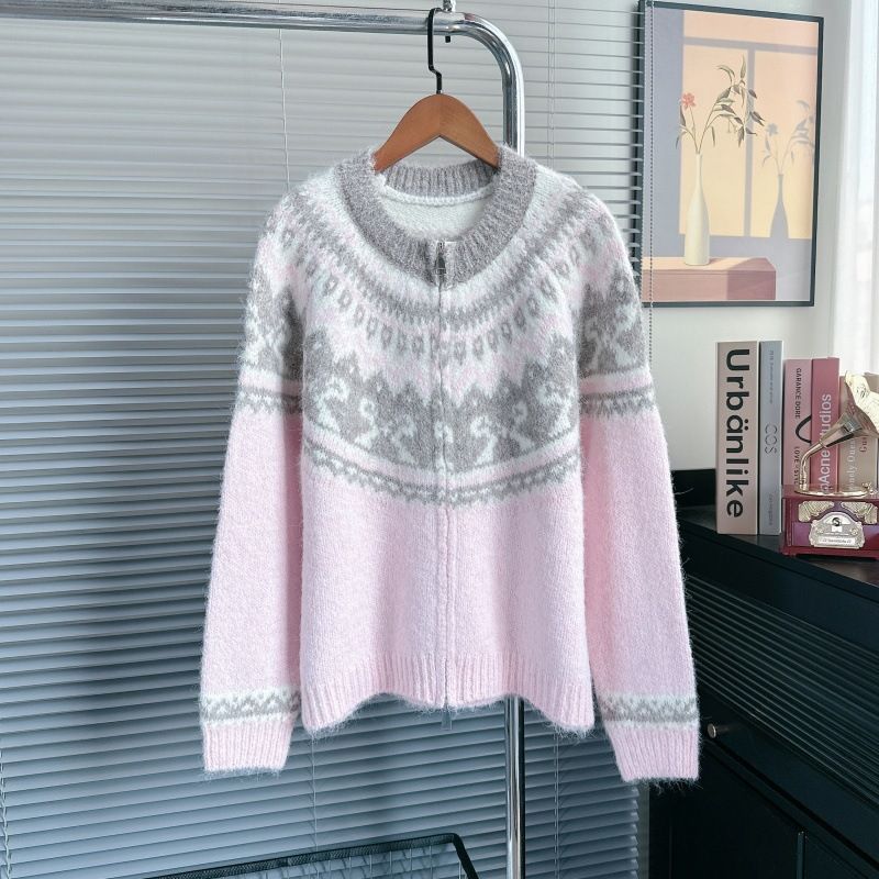 PEACH ACCESSORIES Pink Fair Isle Sweater Zip Up Cardigan