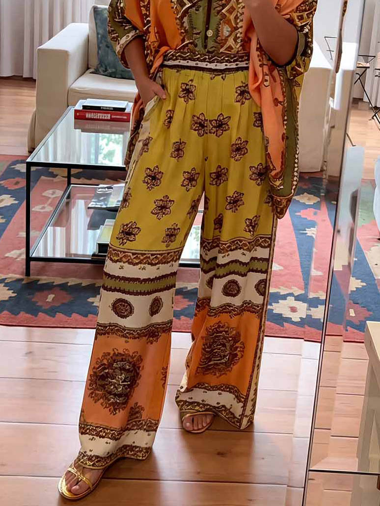 Unique Satin Paisley Print Wide-Leg Pants