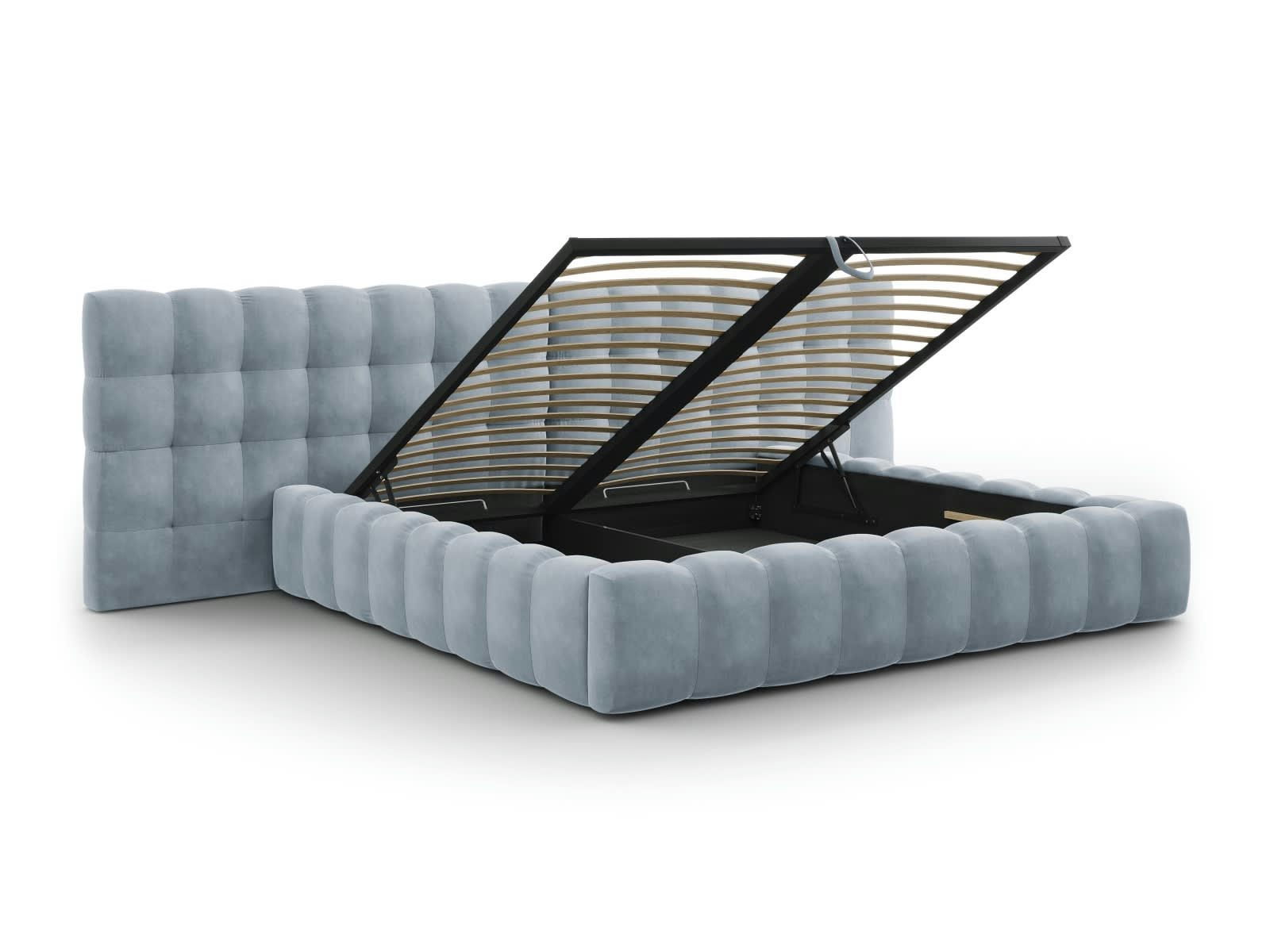 MAMAIA - Lit coffre en avec tête de lit double 200x200cm velours bleu clair