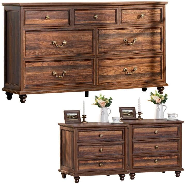 Farmhouse Dresser and Nightstand Set - 3 Piece, 54 Wide Dresser and 24 Nightstands for Bedroom, Living Room, Hallway