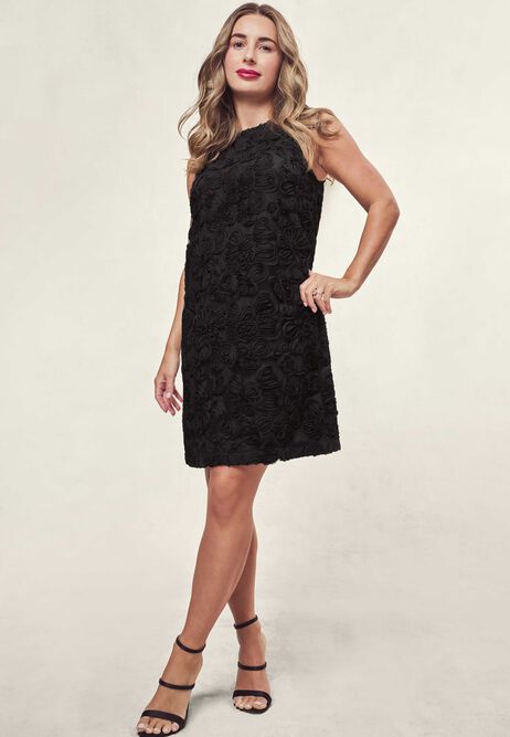 Womens Black Floral Applique Bow Mini Dress