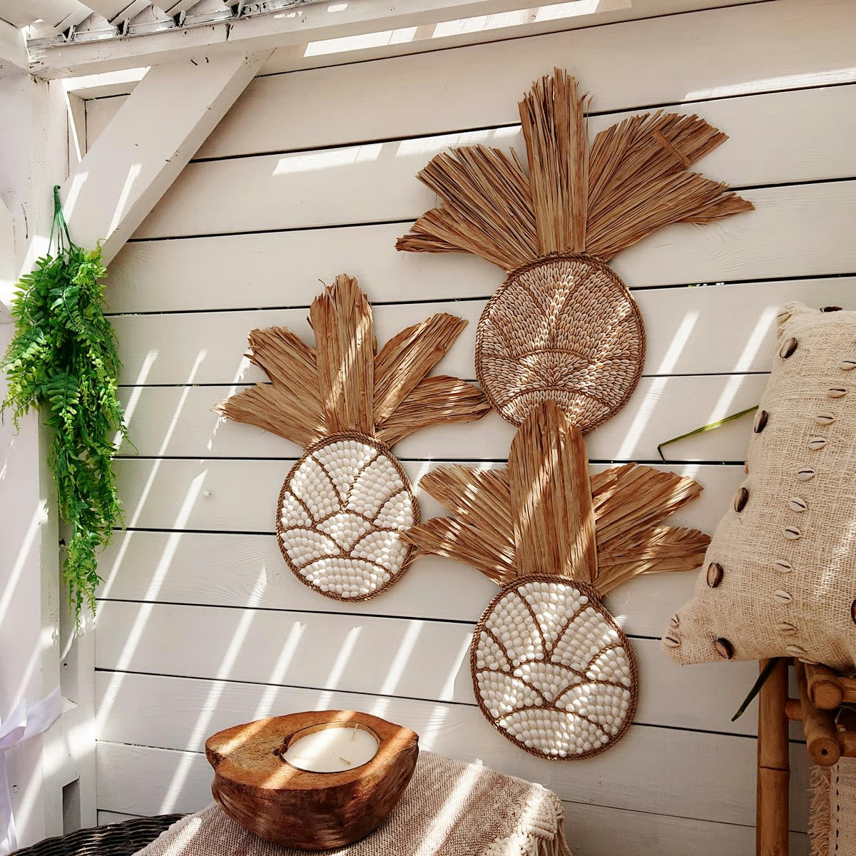PINA - Décoration murale en raphia et coquillages, blanc 55x55 cm