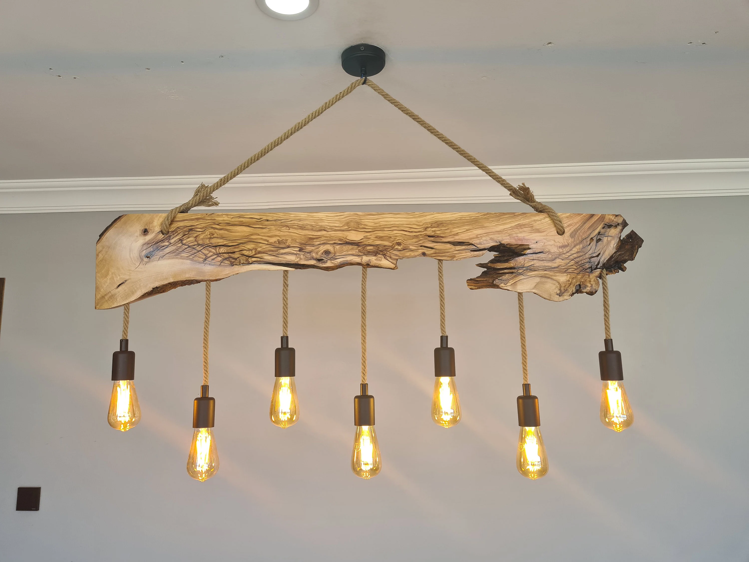 Olive Wood Rustic Light Fixture, Farmhouse Wooden Live Edge Chandelier For Dinign Room, Unique Ceiling Light For Dining Table and Kitchen