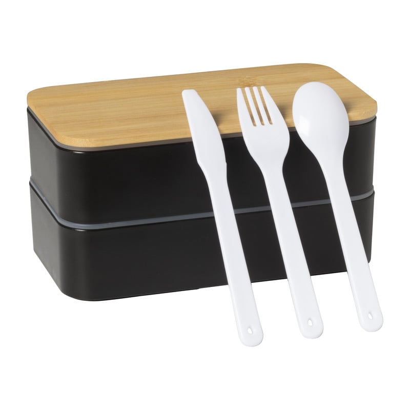 Lunchbox dubbel - zwart - 9.5x18.5x10.5 cm