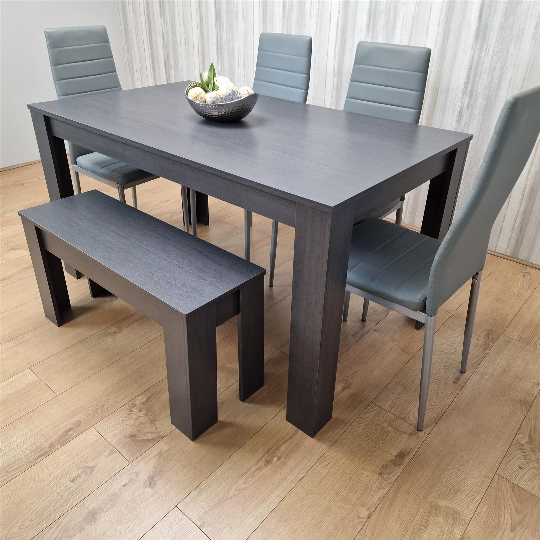 KOSY KOALA Kosy Koala Modern Dark Grey Dining Table Set with 4 Grey Metal Chairs And 1 Bench