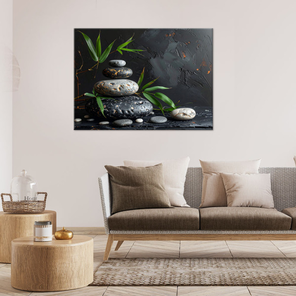 Obraz do salonu sypialni, Kamienie zen spa liście bambusa czarny 30x20