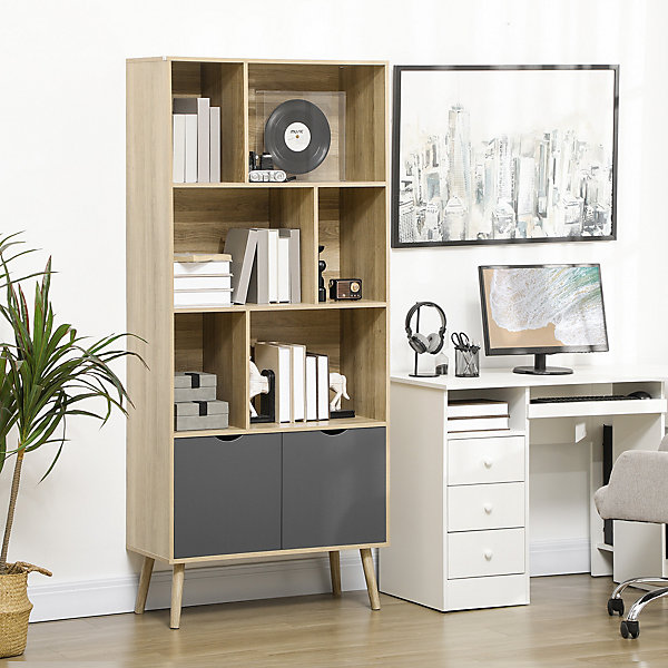 Bibliothèque design - 2 portes, 6 niches - dim. 80L x 35l x 180H cm - aspect chêne clair gris