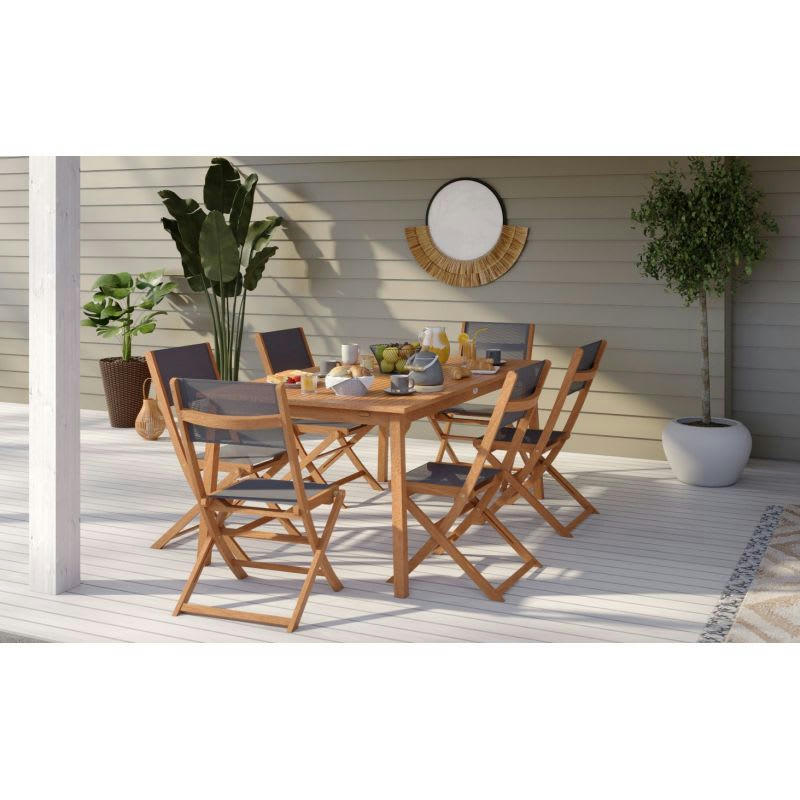 SORA - Ensemble repas de jardin en bois d'eucalyptus 6 places 120-180 cm