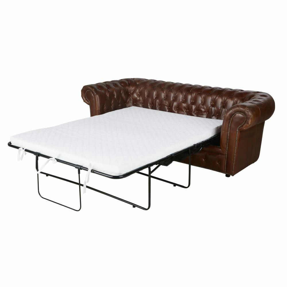 Chesterfield - Canapé-lit 3 places en cuir marron