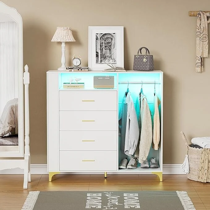 Dresser for Bedroom with Jewelry Cabinet, 4 Drawers Dresser with Clothes Rack, Charging Station & LED Lights