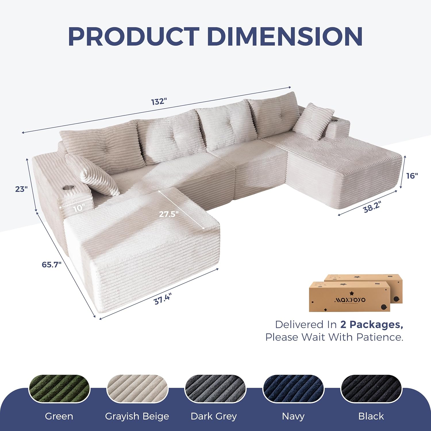 MAXYOYO 132 Giant U-Shaped Modular Sectional Couch, Modern Boneless Couch for Living Room, Sofa in A Box, Oversized Sofa Sleeper with Deep Seat, No Assembly Required, Grayish Beige