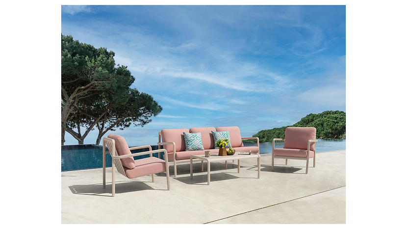 Zestaw mebli ogrodowych z aluminium Eloven sofa 2 fotele stolik poduszki beżowo-rózowy