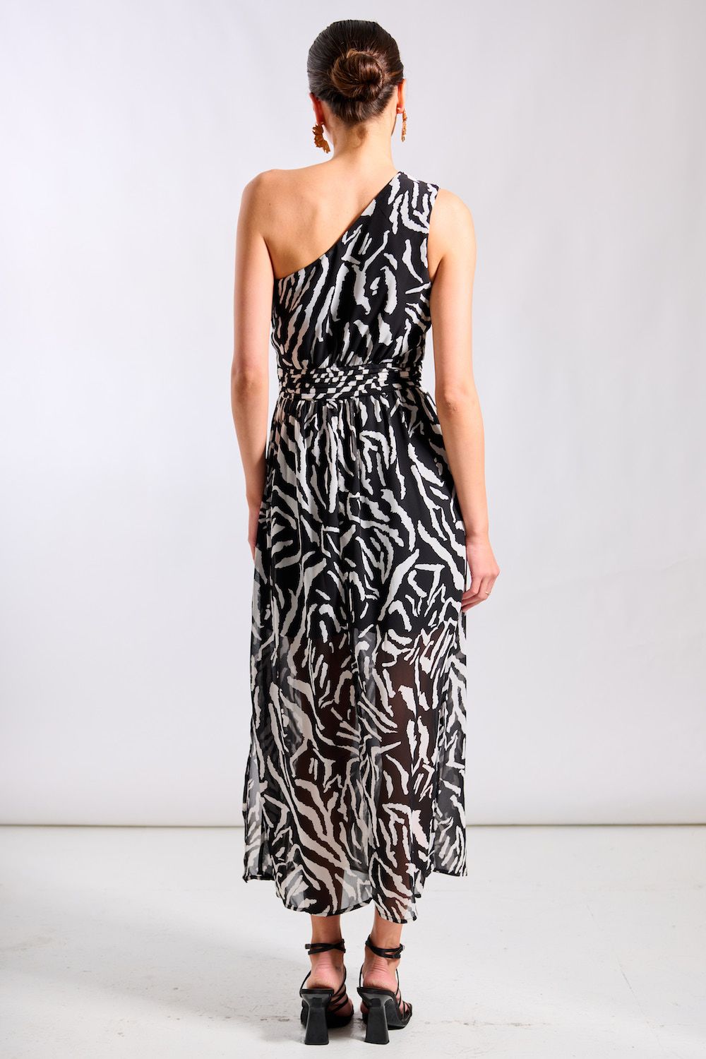 Needs No Label Black Animal One Shoulder Midi Dress