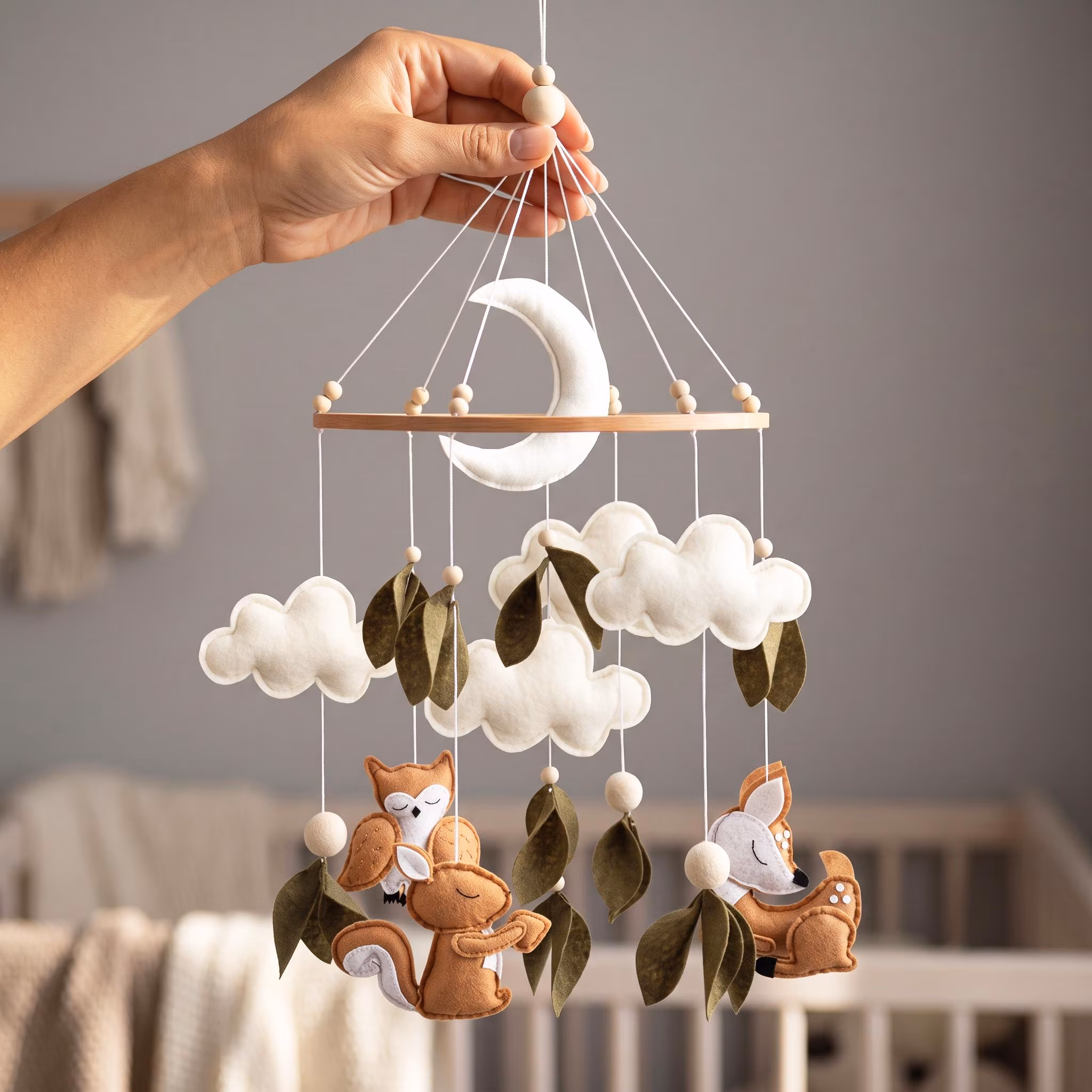 Woodland Crib Mobile: Deer, Owl, Squirrel + Wooden Holder & Music, Neutral Baby Shower Gift, Newborn Nursery Decor