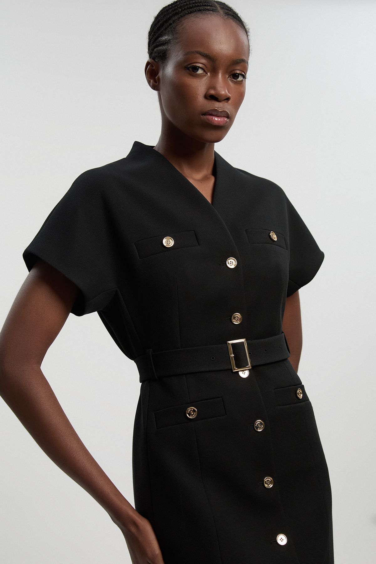 KarenMillen Textured Compact Stretch High Neck Belted Mini Dress