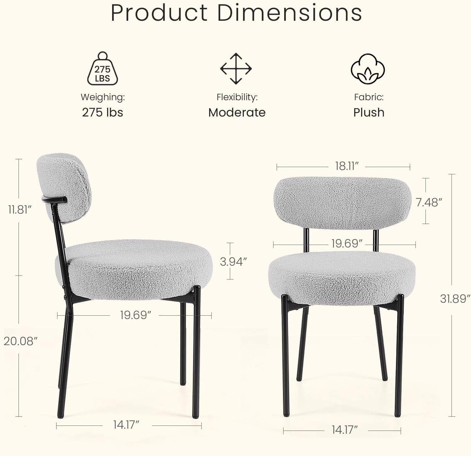 DUMOS Dining Chairs Set of 4, Mid Century Modern Chair Round Upholstered Curved Backrest, Kitchen Vanity Living Room Chairs with Black Metal Legs，Classic Grey
