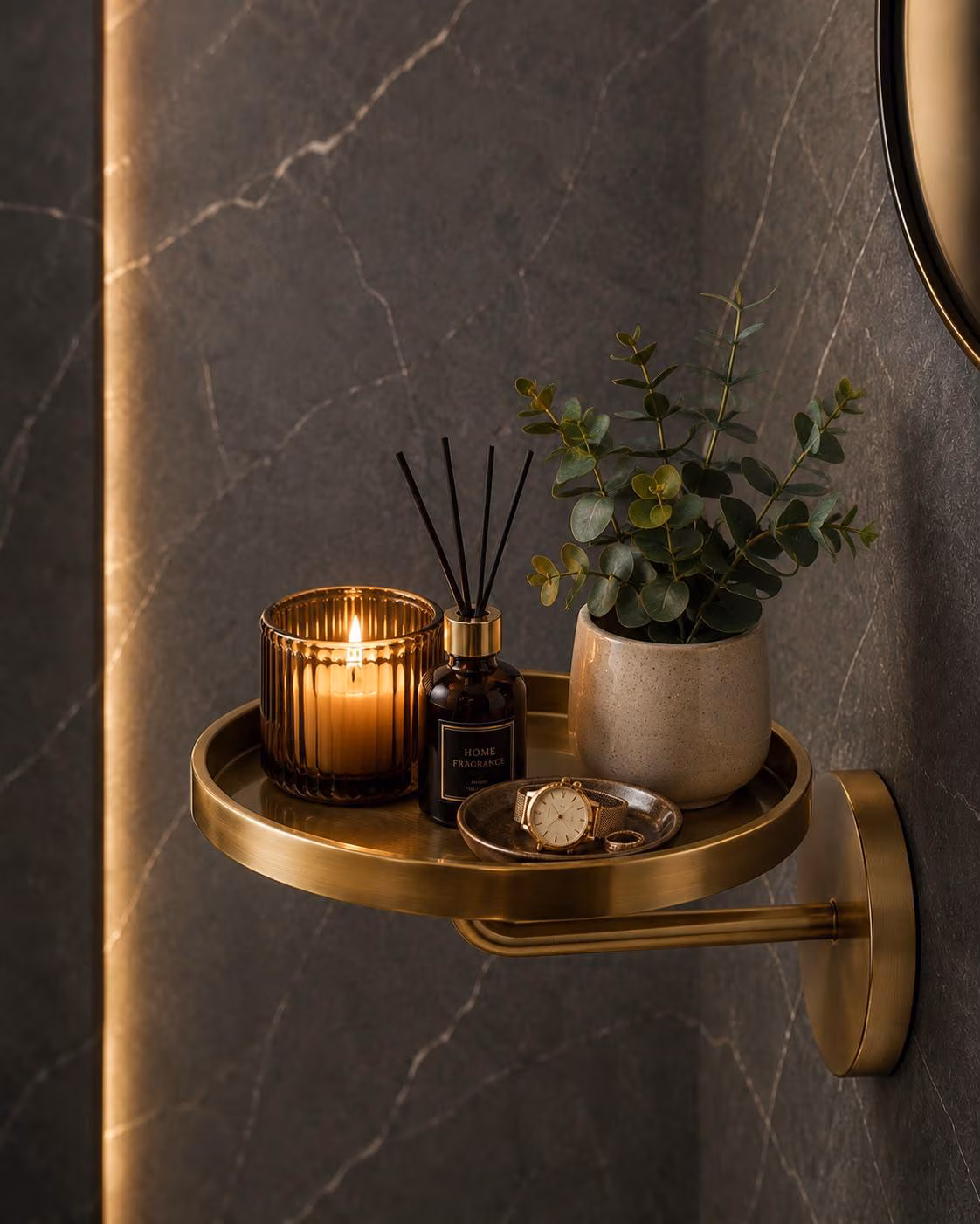 Solid Brass Wall Mounted Shelf, Round Bathroom Vanity Tray, Luxury Entryway Organizer