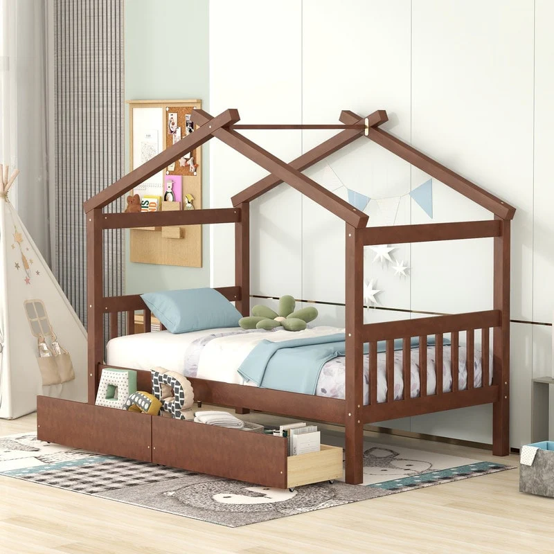 Twin Size Wooden House Bed with Drawers