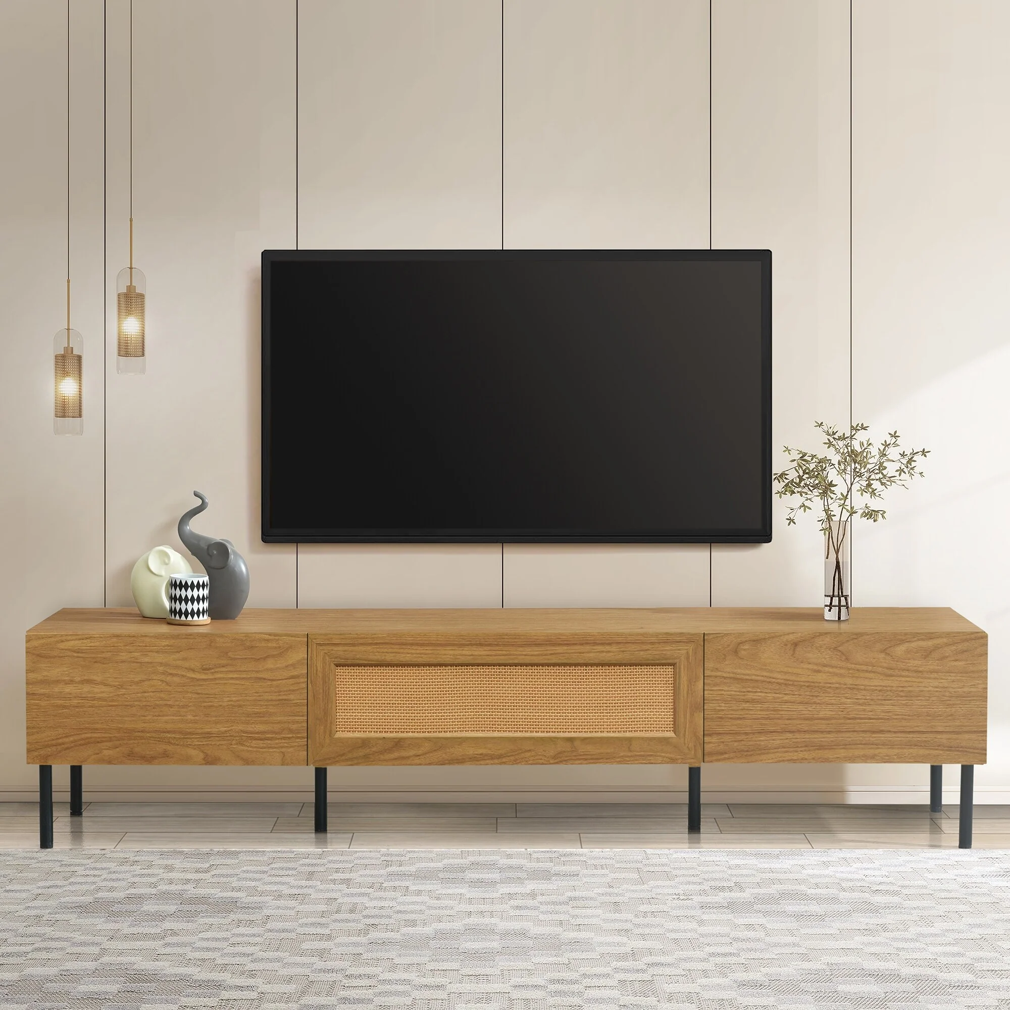Modern Farmhouse TV Stand with Rattan Accents and Metal Legs