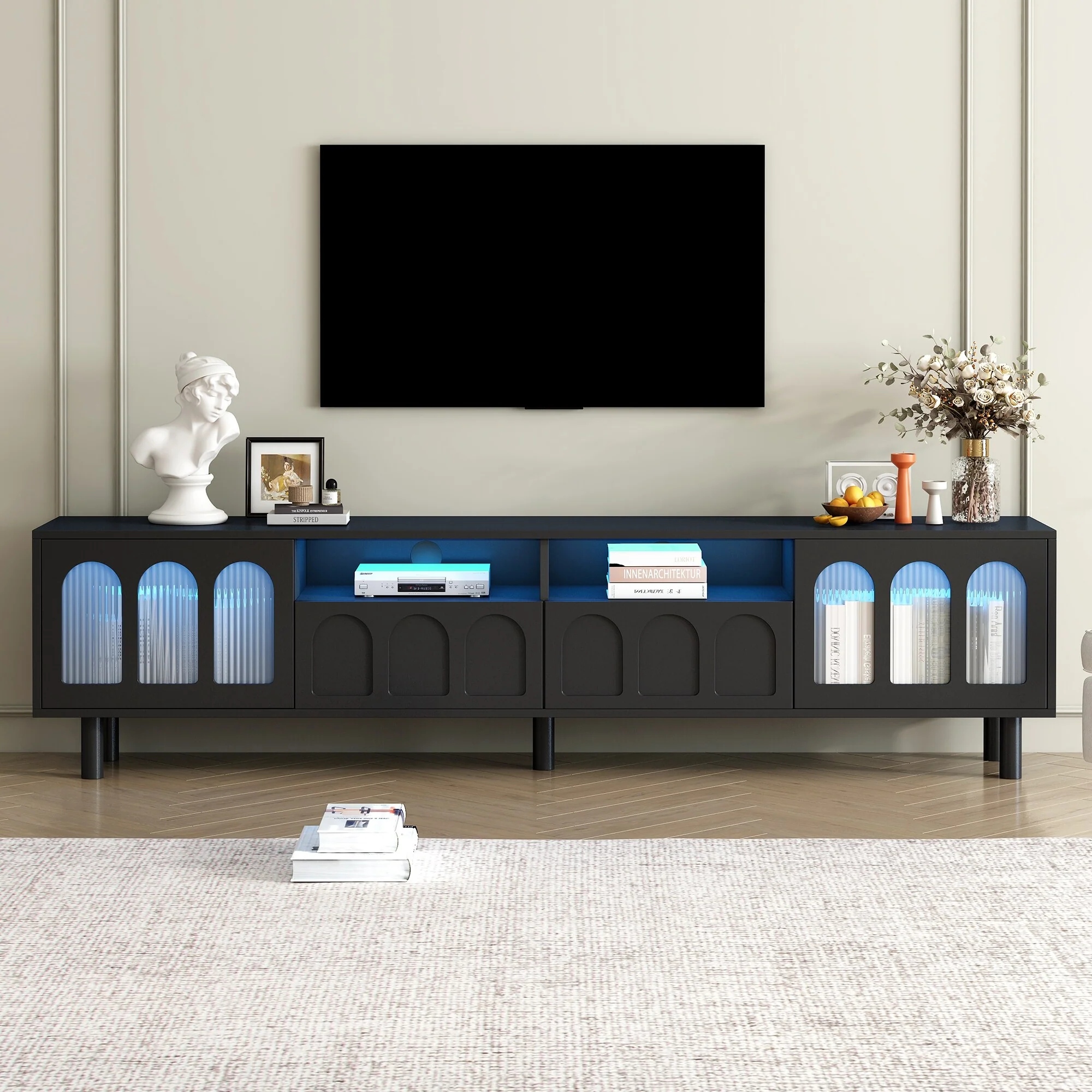 Black 70.8 TV Stand with LED Strip, Wood Legs & Fluted Glass Doors for TVs Up to 80
