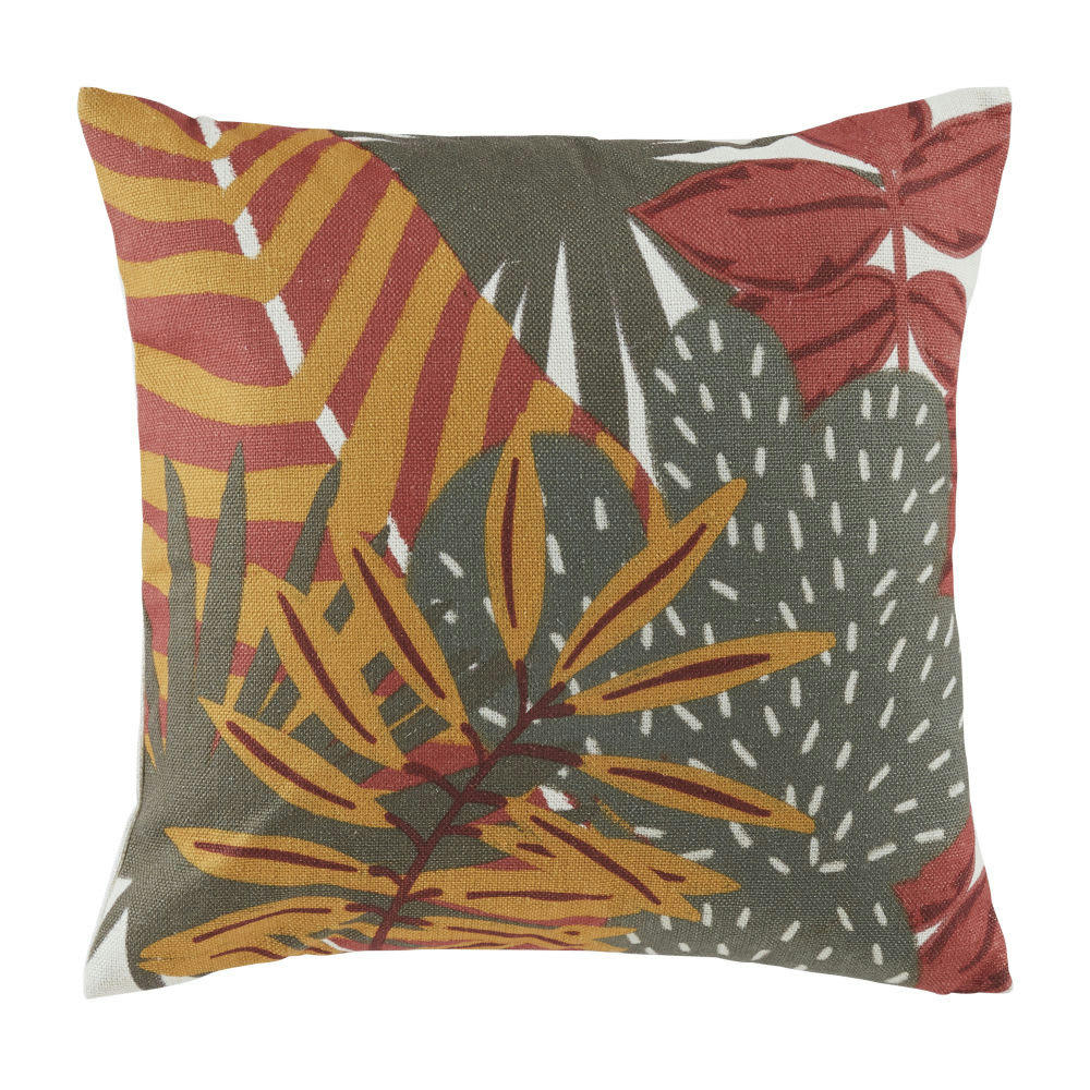 ALEMA - Coussin motif végétal vert kaki, jaune moutarde, terracotta et écru 45x45