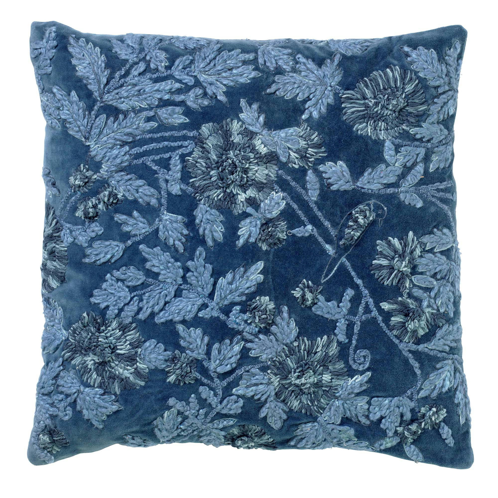 - Coussin bleu en coton 45x45 cm avec motif fleuri