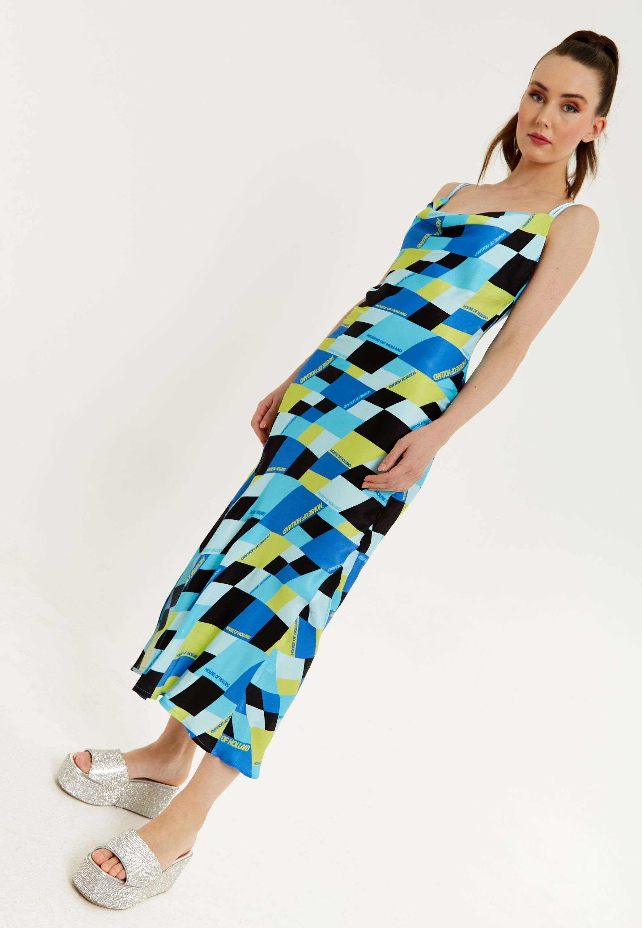 House of Holland Blue And Black Printed Midi Dress With Cowl Neck