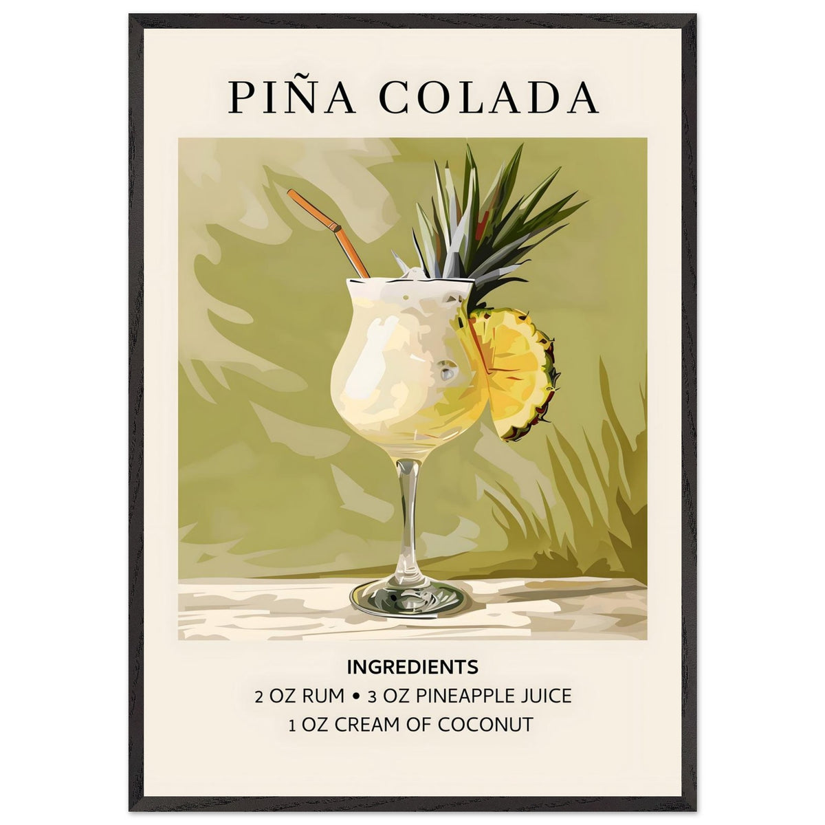 Artfulprints Poster met Lijst Piña Colada cocktail - Ingrediënten  - 70x100 cm - Groen