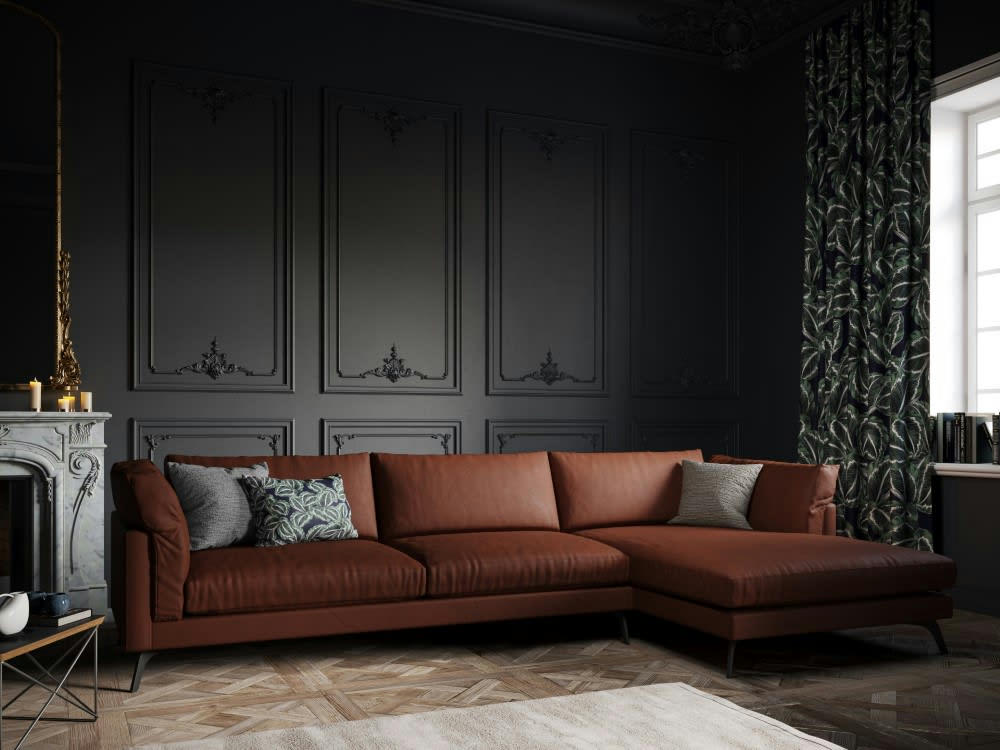 CAMILLE - Canapé d'angle 5 places en cuir cognac