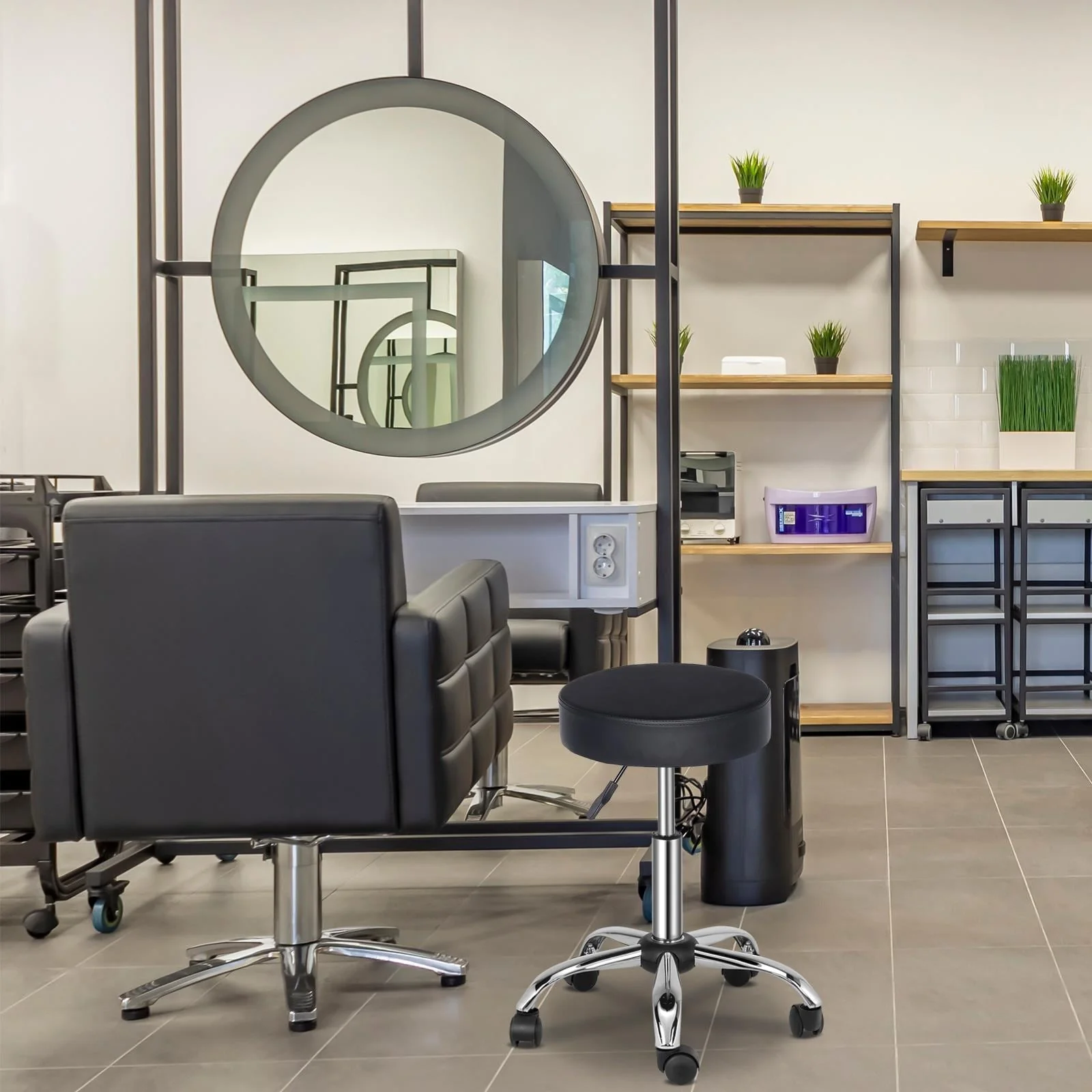 Adjustable Rolling Stool Swivel Salon Shop Stool Chair with PU Leather Cushioned in Black