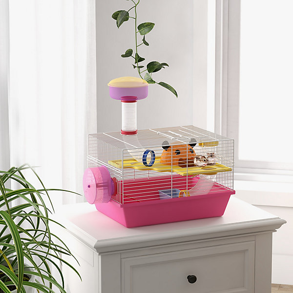 Cage à hamster rat rongeur - plateforme, biberon eau, roue, maisonnette, tubes - acier blanc PP rose