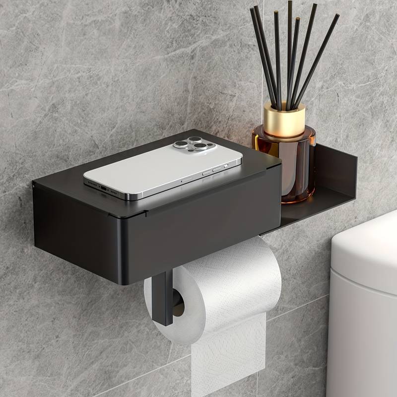 XIVADA Toiletrolhouder - Met plankje - Met opbergbakje - Rvs - Zwart