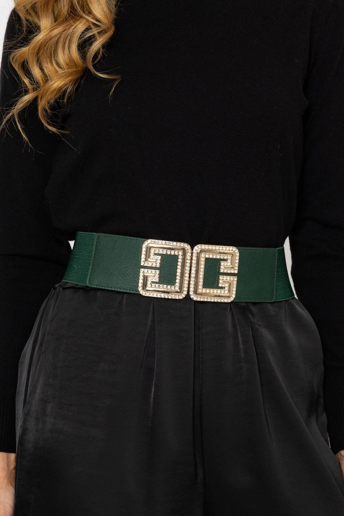 Diamante Buckle Elastic Belt in Green