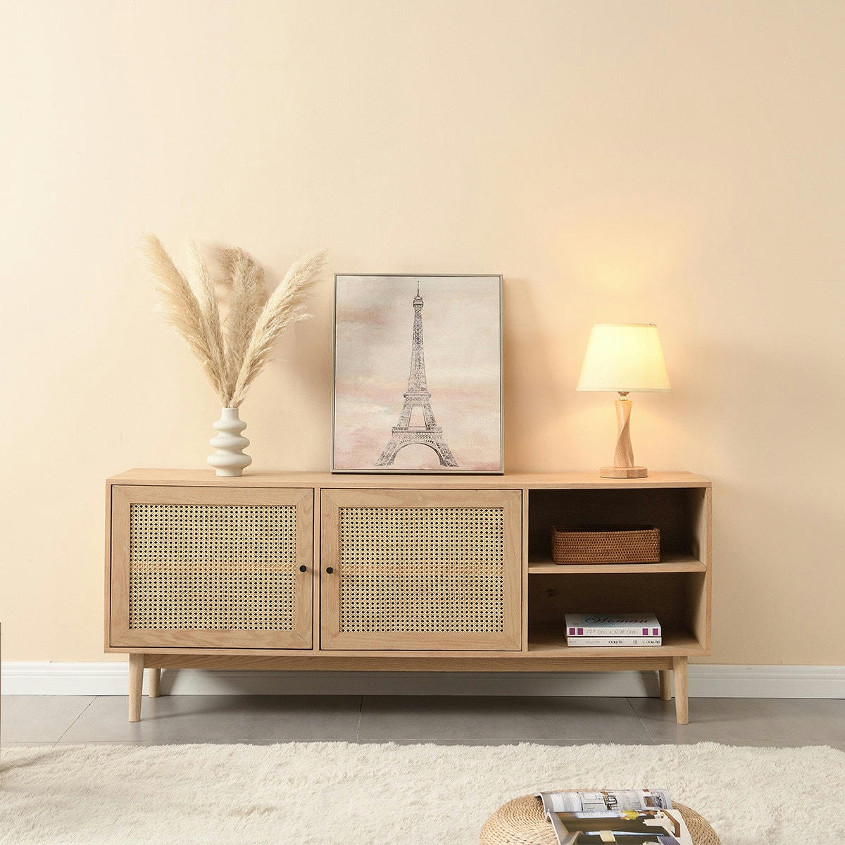 EDEN - Buffet 2 portes en bois et cannage naturel 170 cm