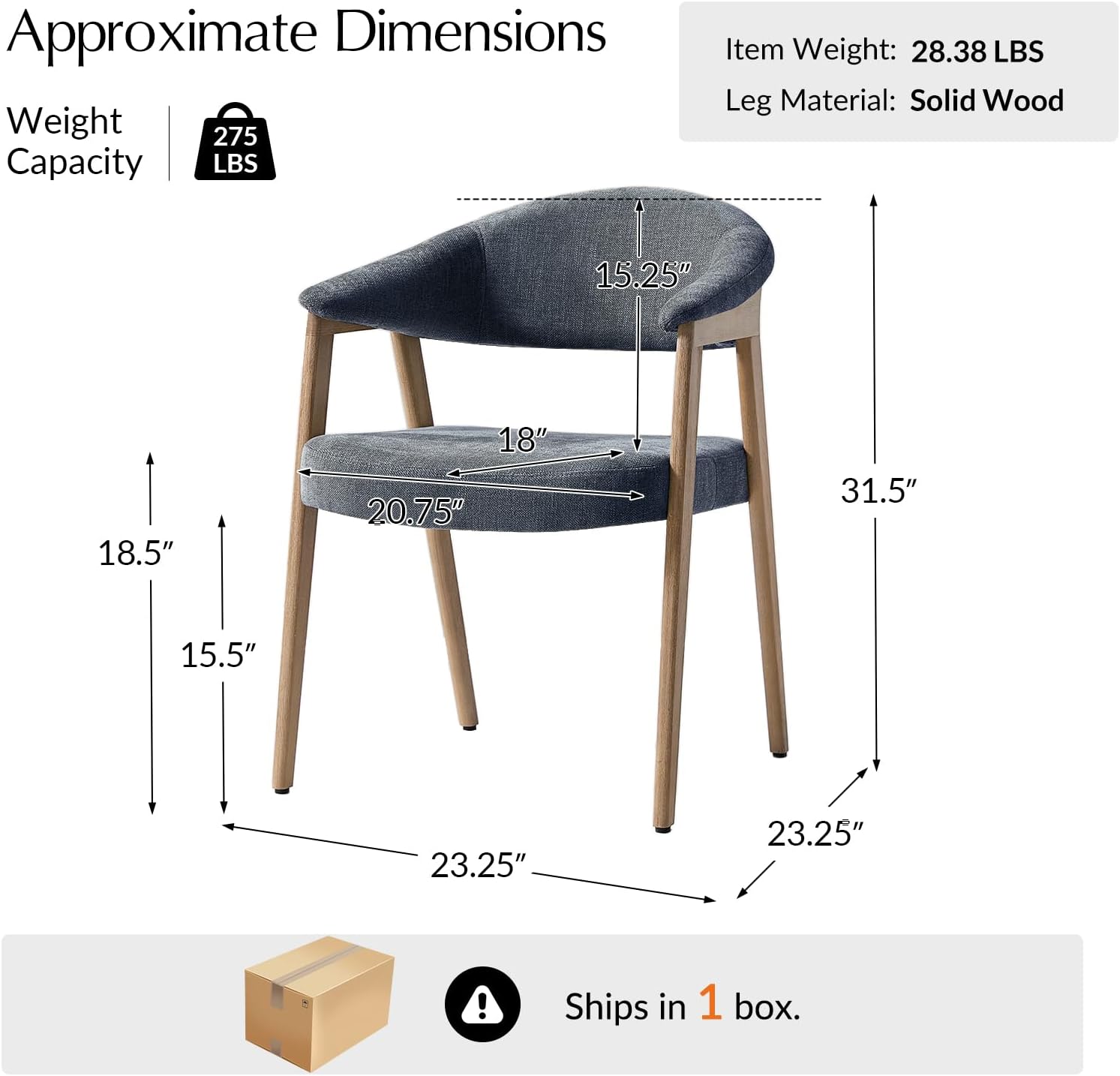 HULALA HOME Mid-Century Modern Dining Chairs Set of 2, Wooden Upholstered Kitchen Chairs with Armrest, Curved Backtrst & Wood Legs Armchairs Accent Chairs for Dining Living Room - Navy