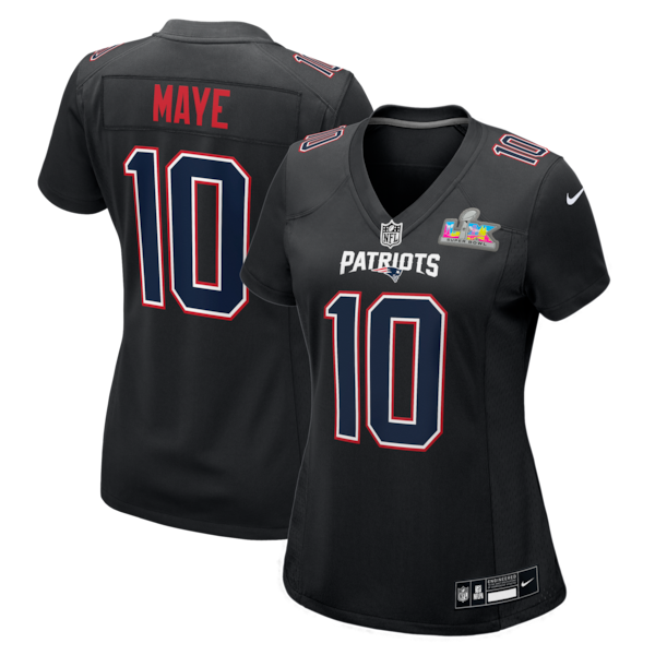 Women's New England Patriots Drake Maye Nike Super Bowl LX Patch Carbon Fashion Game Jersey - Black/Silver/White