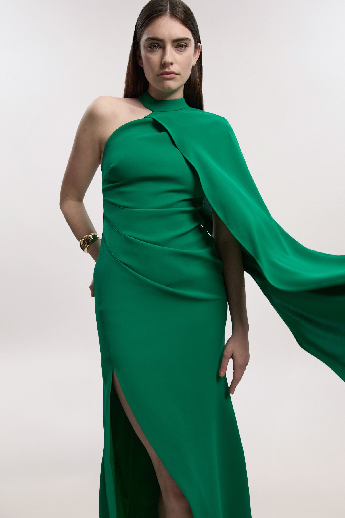 KarenMillen Soft Tailored One Shoulder Cape Sleeve Maxi Dress