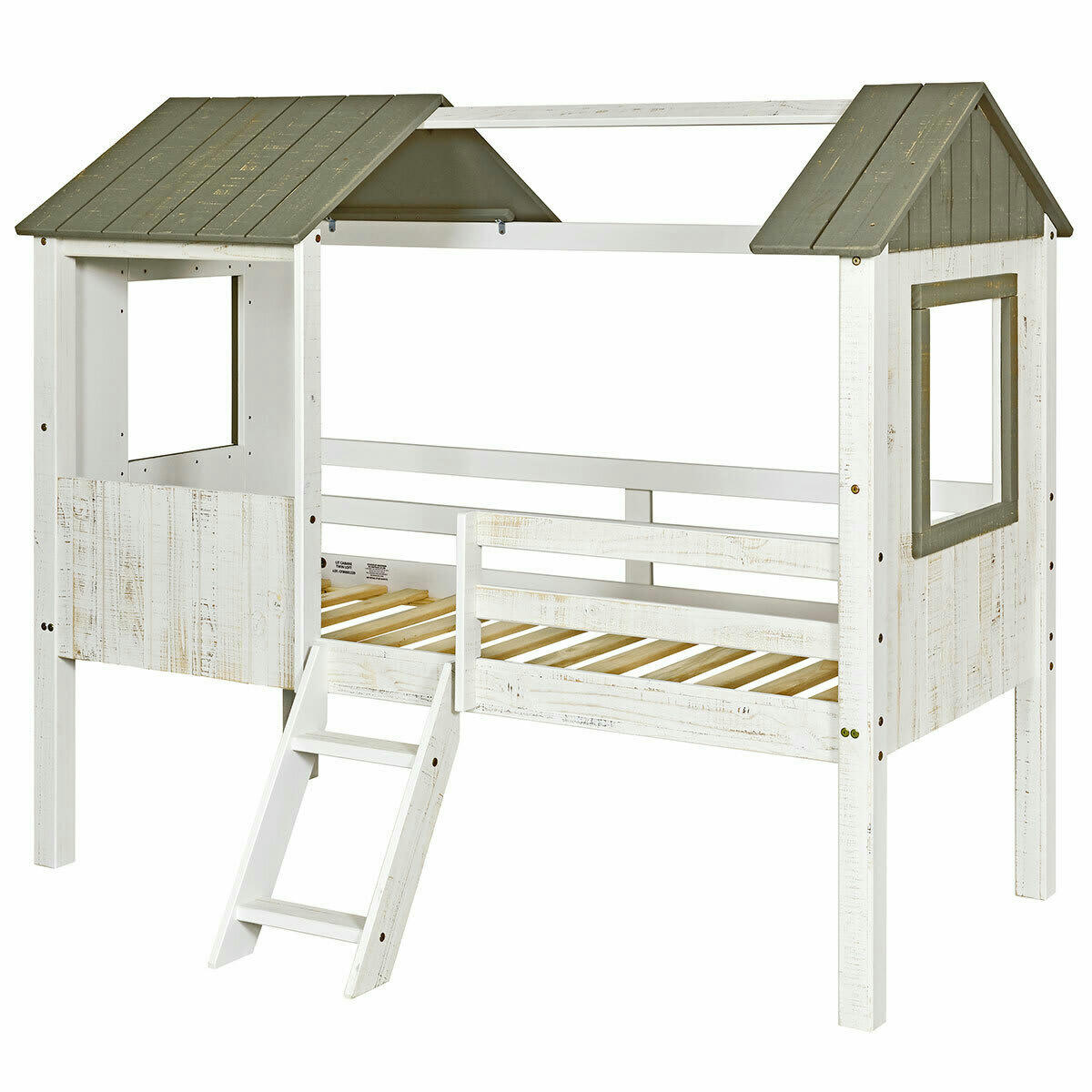 LAO - Lit cabane avec matelas 90x190 cm bois massif blanc et gris anthracite