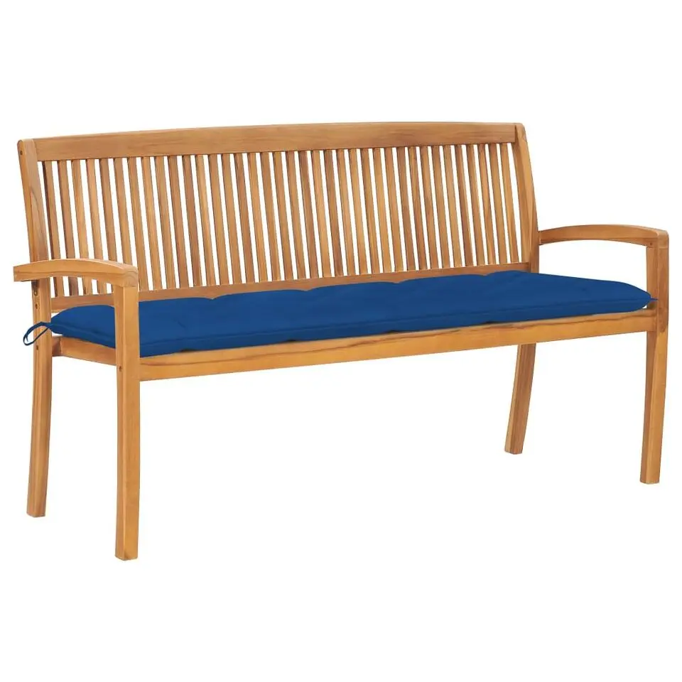 vidaXL - Tuinbank stapelbaar met blauw kussen - Teakhout - 159x57.5x90 cm