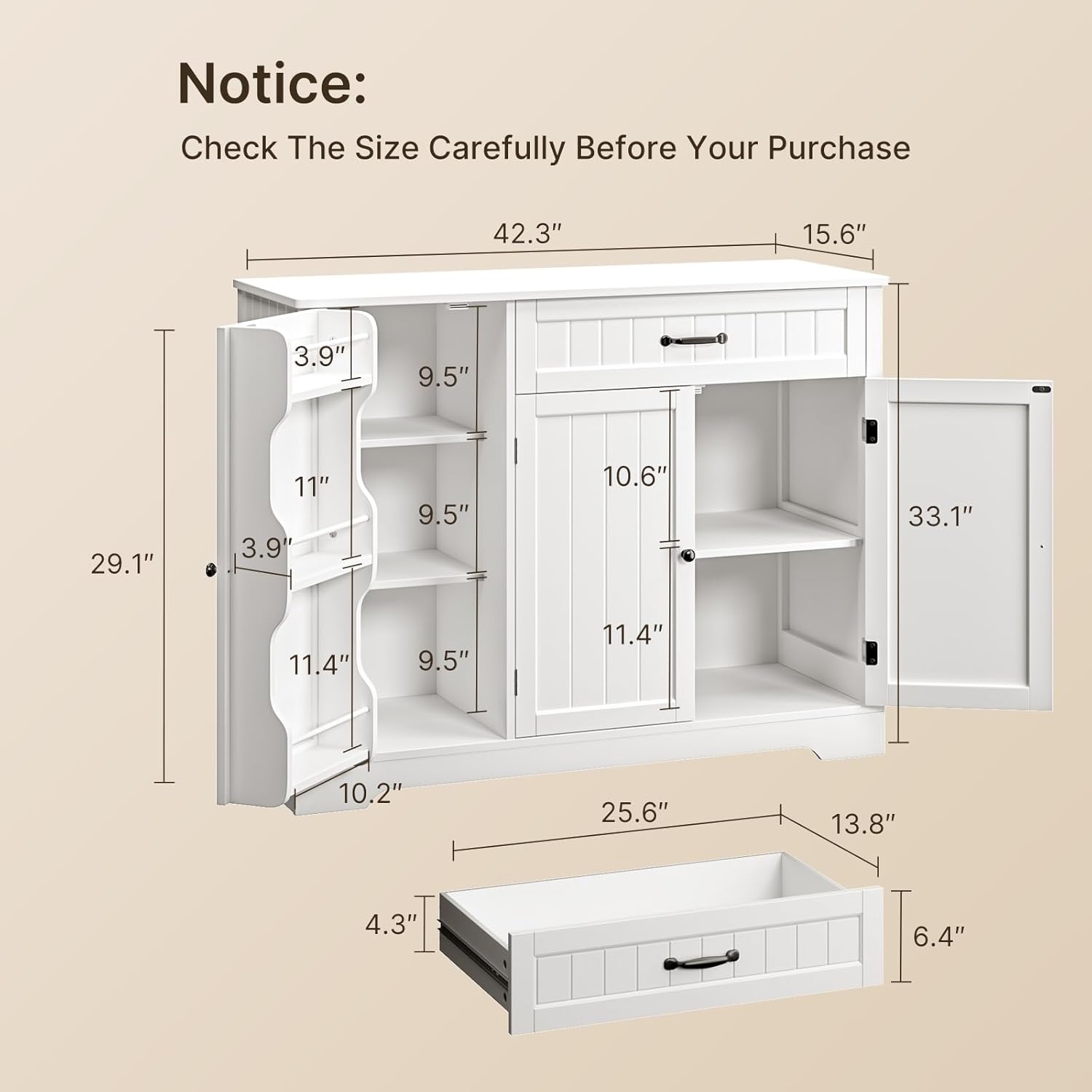 Gizoon Kitchen Coffee Bar Cabinet with Storage Kitchen Sideboard Buffet Cabinet with Drawers, Short Pantry with Door and Shelves for Bathroom and Living Room, White