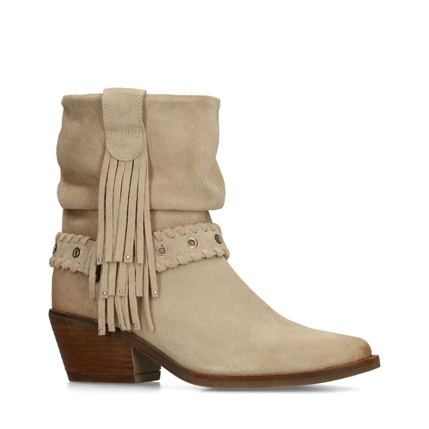 Manfield Beige suède enkellaarsjes met franjes
