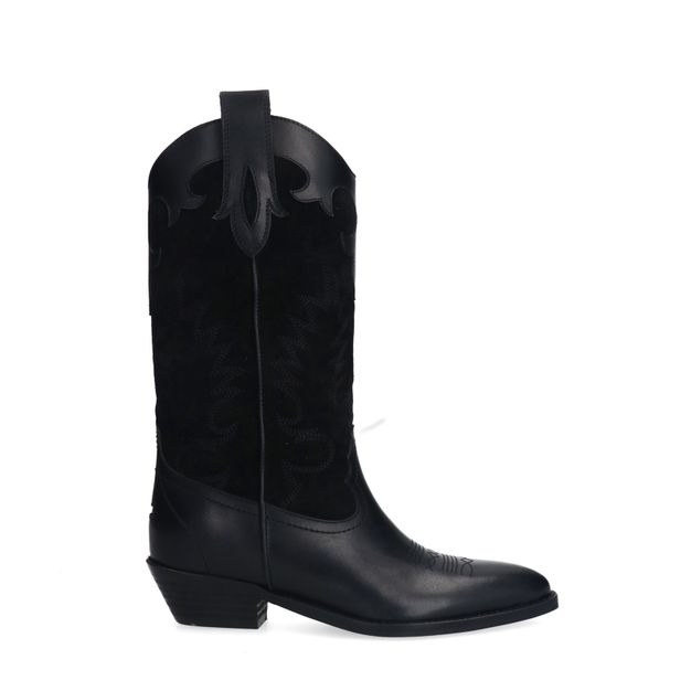 Zwarte leren cowboylaarzen met sierstiksels