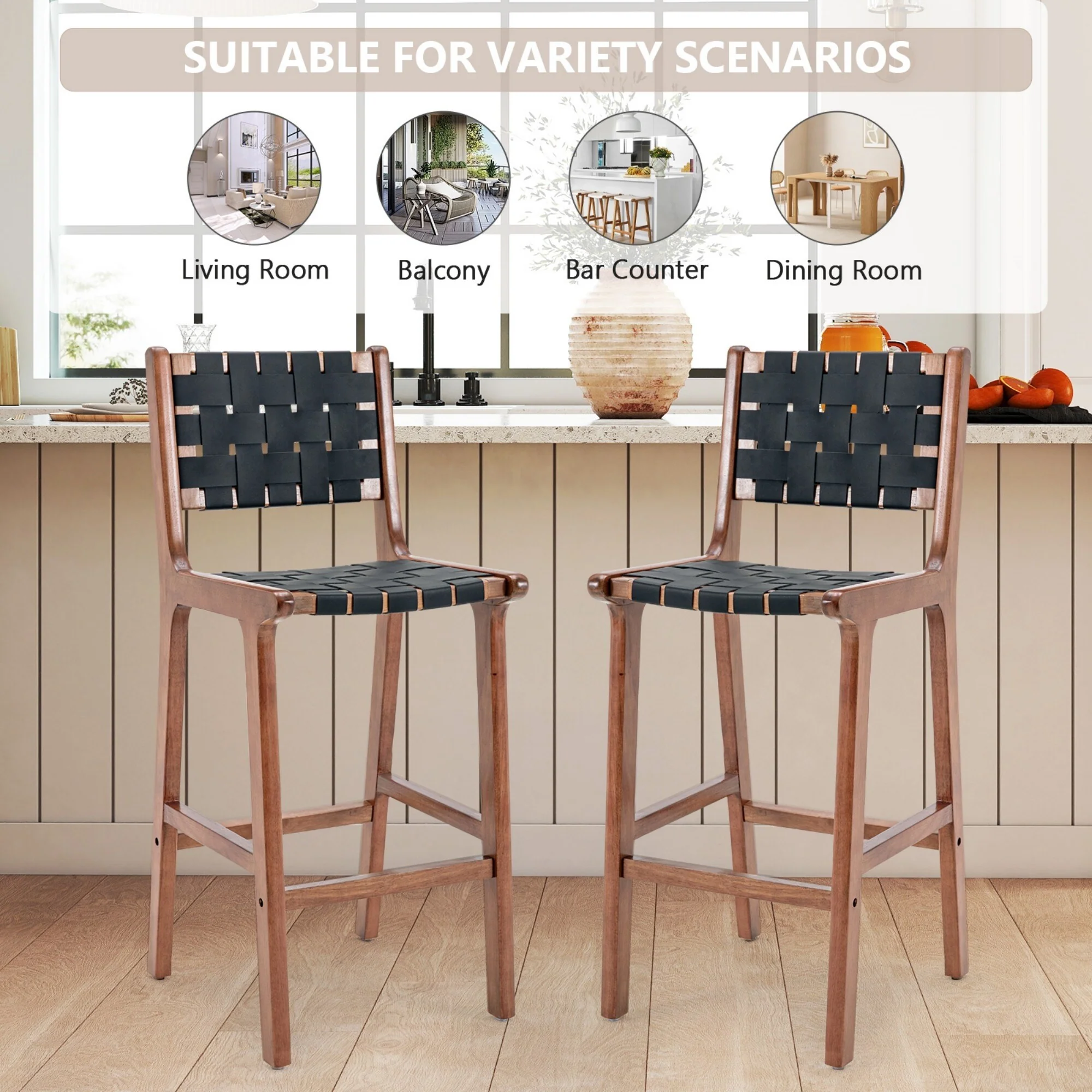 Woven Leather Bar Stool, Counter Height Bar Stools - Black
