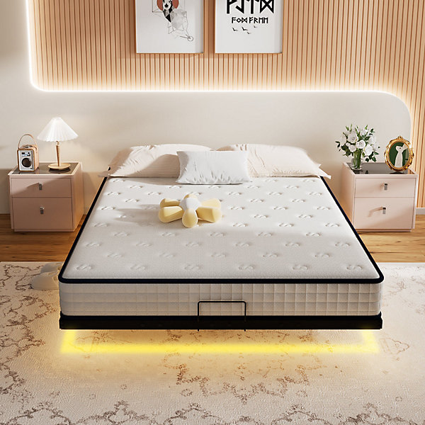 Ensemble matelas LED 140x190 cm - matelas en mousse de 22 cm d'épaisseur   cadre de lit en métal avec éclairage LED