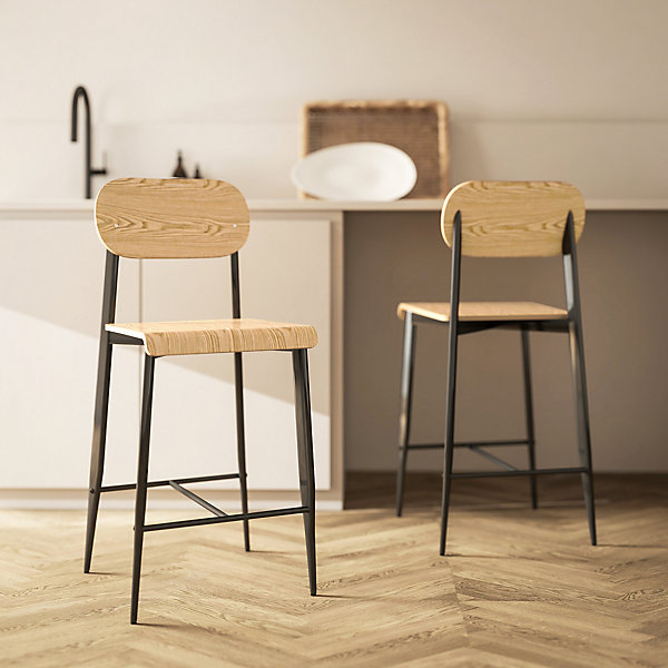 Lot de 2 tabourets de bar chaises de bar design structure acier noir assise dossier effet bois clair